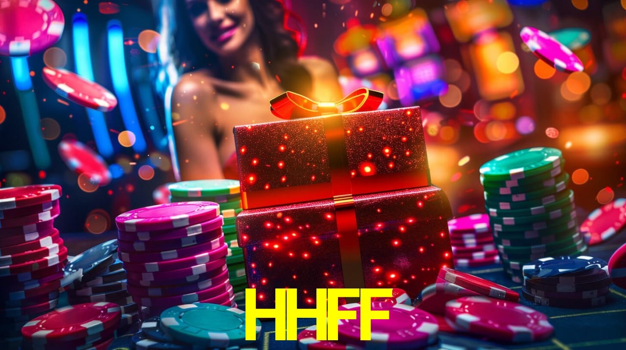 Una escena digital vívida inspirada en casino con HHFF mostrado prominentemente, luces brillantes, fichas, cartas y acentos dorados.