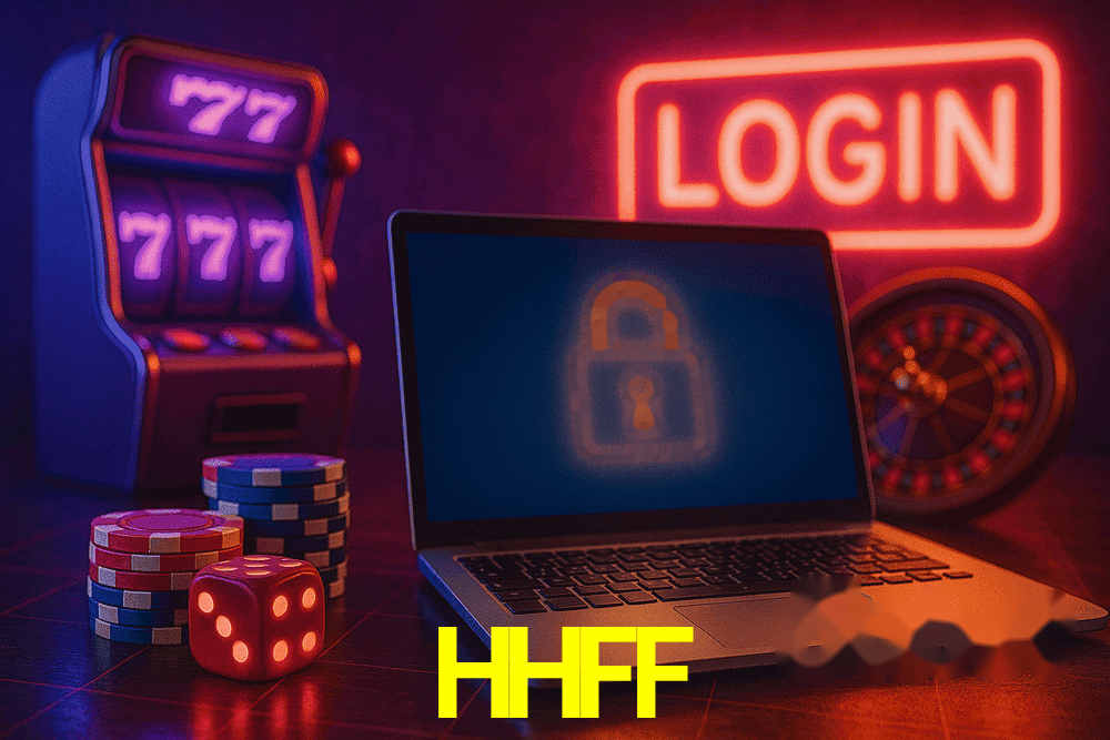 Escena dinámica inspirada en casino con iluminación HHFF, cartas, fichas e íconos de juegos digitales en un espacio moderno de juegos.